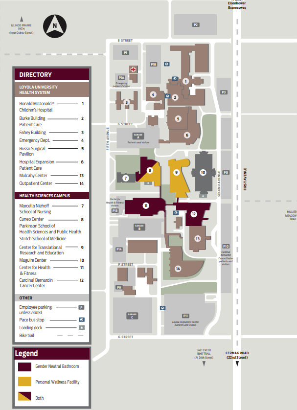 Map of Health Science Campus, indicating the buildings that have either a gender neutral bathroom, a personal wellness facility, or both
